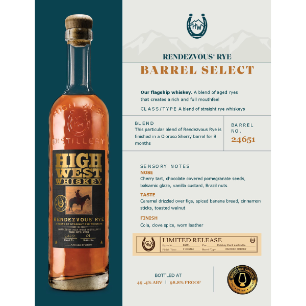 High West Rendezvous Rye WHA Barrel Select 750ml 49.4% abv.
