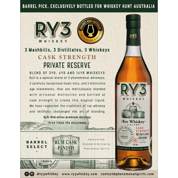 RY3 Rum Cask Finished Rye Whiskey 58.9% abv. 700ml