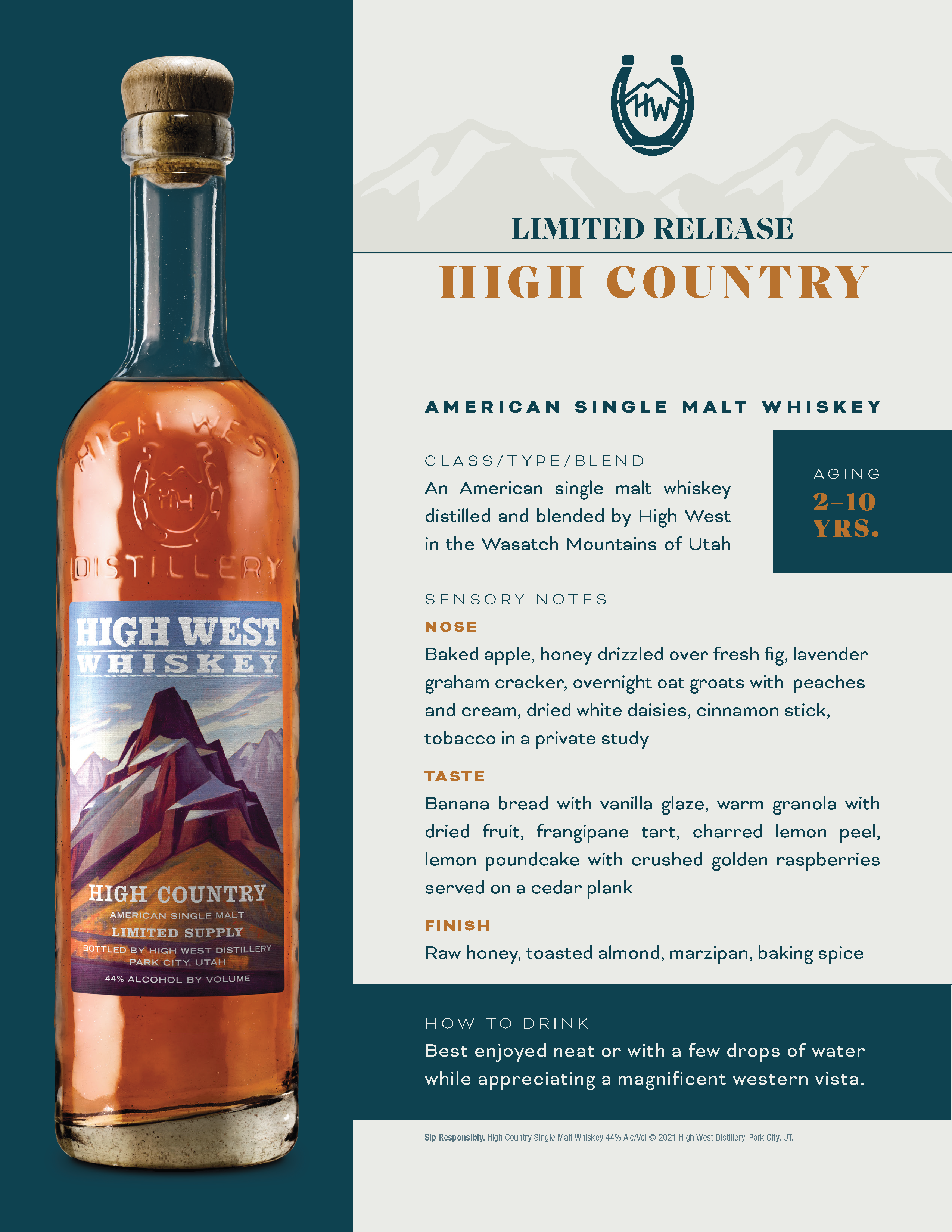 High West High Country Single Malt 750ml 44% abv.