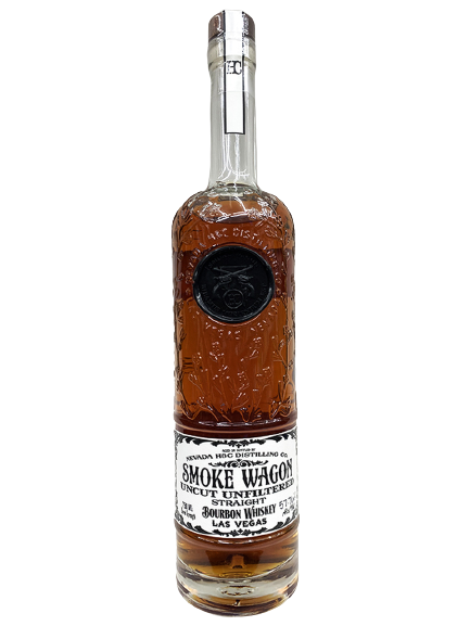 Smoke Wagon uncut unfiltered bourbon whiskey (clear glass)